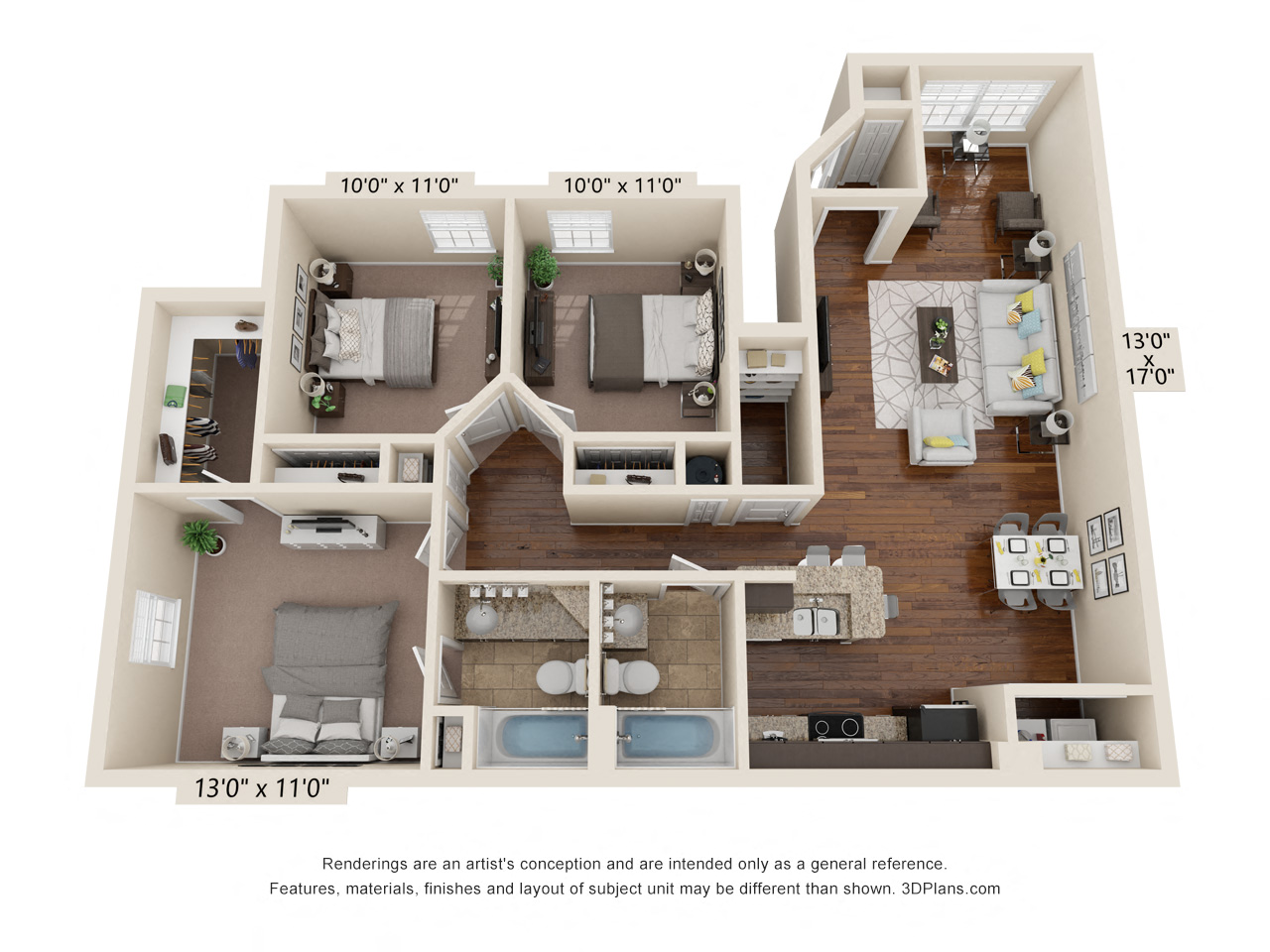 Floor plan for 3 beds, 2 baths, 1124 sqft